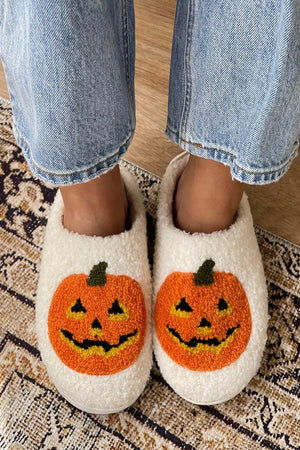 White Halloween Pumpkin Print Plush Slippers (Runs Small, Size Up) — view 1