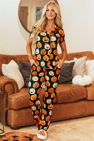 Orange Halloween Pattern Short Sleeve Shirt Pajama Set — view 8