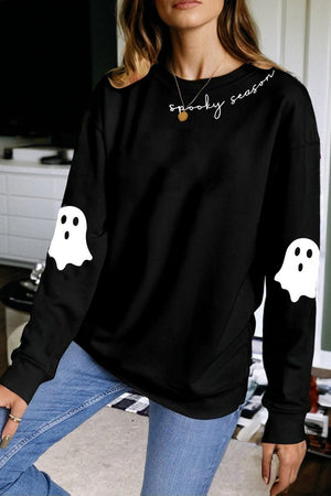 Black Spooky Season Halloween Ghost Printed Drop Shoulder Sweatshirt — view 1