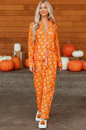 Orange Halloween Print Lapel Shirt Long 2pcs Pajama Set — view 18