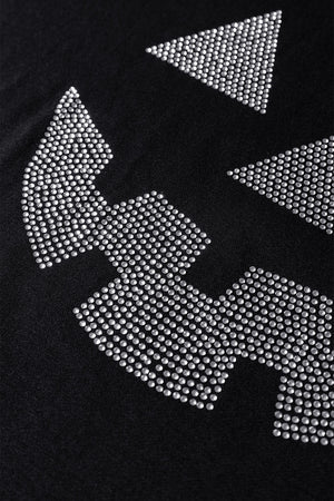 Black Halloween Rhinestone Pumpkin Face Contrast Ribbed Long Sleeve Patchwork Top — view 5