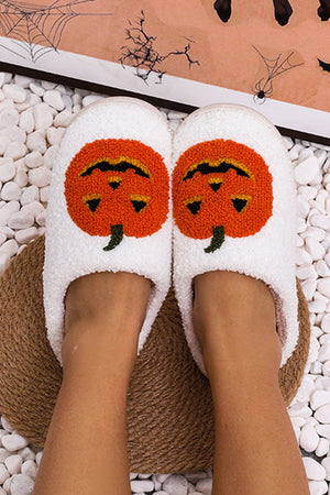 White Halloween Pumpkin Print Plush Slippers (Runs Small, Size Up) — view 4