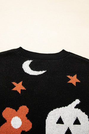 Black Halloween Mythical Night Pattern Drop Shoulder Sweater — view 6