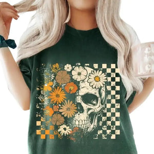 Skull & Flowers Graphic Tee – Vintage Halloween T-Shirt, Retro Aesthetic Oversized Shirt — view 2