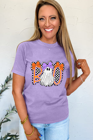 Wisteria Boo Checkered Bow Ghost Halloween Graphic Tee — view 3