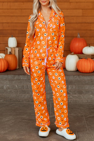 Orange Halloween Print Lapel Shirt Long 2pcs Pajama Set — view 20
