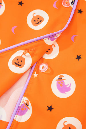 Orange Halloween Print Lapel Shirt Long 2pcs Pajama Set — view 5