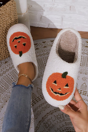 White Halloween Pumpkin Print Plush Slippers (Runs Small, Size Up) — view 2