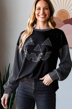 Black Halloween Rhinestone Pumpkin Face Contrast Ribbed Long Sleeve Patchwork Top — view 2
