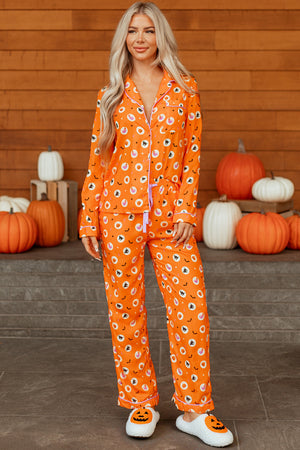 Orange Halloween Print Lapel Shirt Long 2pcs Pajama Set — view 17