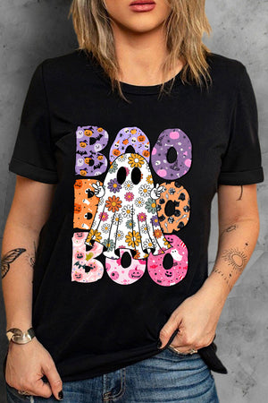 Black BOO Floral Ghost Print Crew Neck Halloween T Shirt — view 3