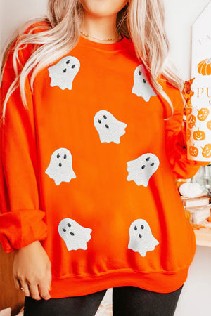 Orange Sequin Halloween Ghost Patched Drop Shoulder Sweatshirt — view 1
