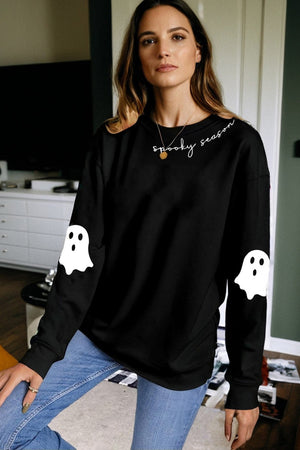 Black Spooky Season Halloween Ghost Printed Drop Shoulder Sweatshirt — view 5