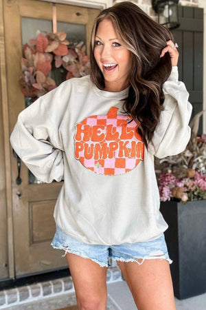 White Terry Halloween Pumpkin Patched Pattern Pullover Sweatshirt — view 3