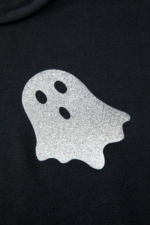 Black Glitter Ghost Pattern Crew Neck Halloween T Shirt — view 12