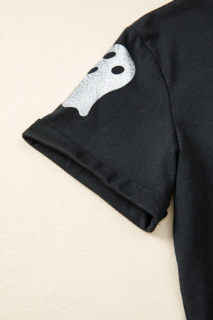 Black Glitter Ghost Pattern Crew Neck Halloween T Shirt — view 13