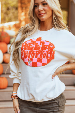 White Terry Halloween Pumpkin Patched Pattern Pullover Sweatshirt — view 9