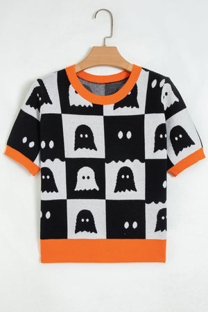 Halloween Ghost Checker Short Sleeve Knit Top — view 2