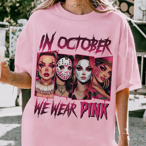 "In October We Wear Pink" Horror Halloween Breast Cancer Shirt – Support Squad Tee, Cancer Survivor Apparel — view 1