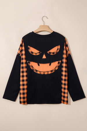 Halloween Pumpkin Gingham Patchwork Long Sleeve Top — view 3