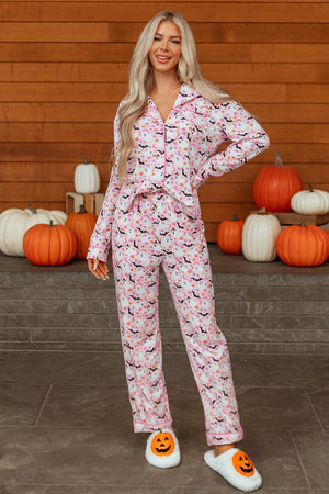 Pink Halloween Eve Haunted Honey Bat Print Pajama Set — view 11