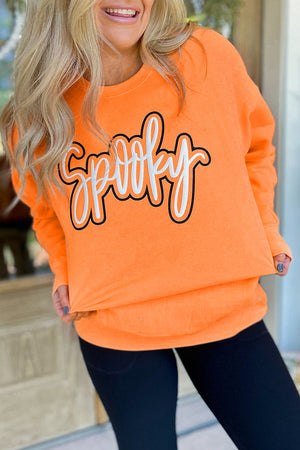 Grapefruit Orange Spooky Graphic Halloween Crew Neck Holiday Sweatshirt — view 1