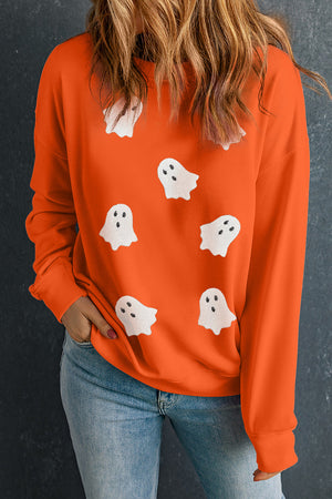 Orange Sequin Halloween Ghost Patched Drop Shoulder Sweatshirt — view 4