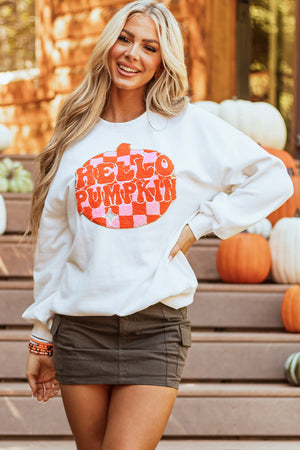 White Terry Halloween Pumpkin Patched Pattern Pullover Sweatshirt — view 10