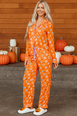 Orange Halloween Print Lapel Shirt Long 2pcs Pajama Set — view 19