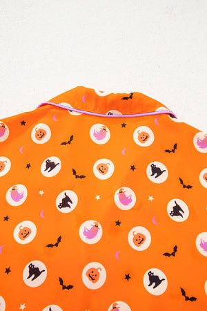 Orange Halloween Print Lapel Shirt Long 2pcs Pajama Set — view 7