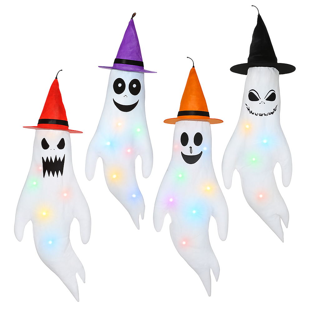 Halloween Ghost Windsocks with Witch Hats and LED Lights