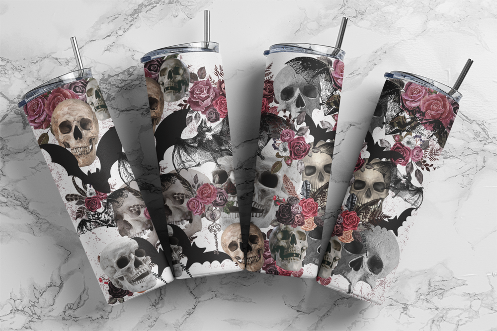 Vintage Bats Skulls Roses Halloween 20oz Skinny Tumbler