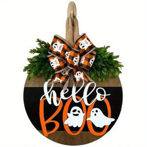 Halloween Round Wooden Board Front Door Decoration Wreath — view 1