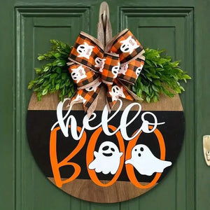 Halloween Round Wooden Board Front Door Decoration Wreath — view 2