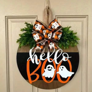 Halloween Round Wooden Board Front Door Decoration Wreath — view 3