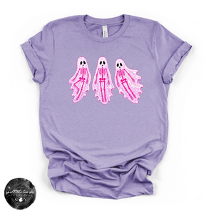 Pink Skeleton Ghosts Tee | Cute Coquette Halloween Graphic T-Shirt — view 4