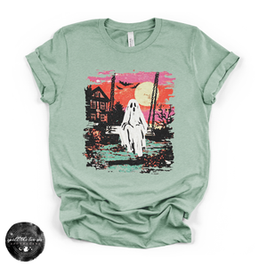 Ghost Sunset Tee | Retro Halloween Ghost Graphic T-Shirt — view 4
