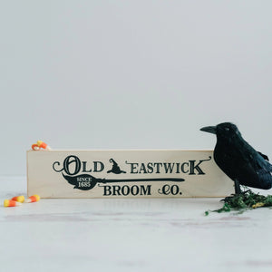 Halloween Signs | Halloween Tiered Tray Decor | Halloween Decor Wood Block | Wood Framed Miniature Sign | Old Eastwick Broom Co. Wood Sign — view 1