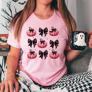 Coquette Halloween Shirt for her - Pink Pumpkins Black Bows - Pink Halloween Tshirt - Fall Shirt — view 1