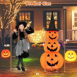 5 Feet Lighted Stacked Pumpkins Halloween Decoration with Witch Hat — view 4